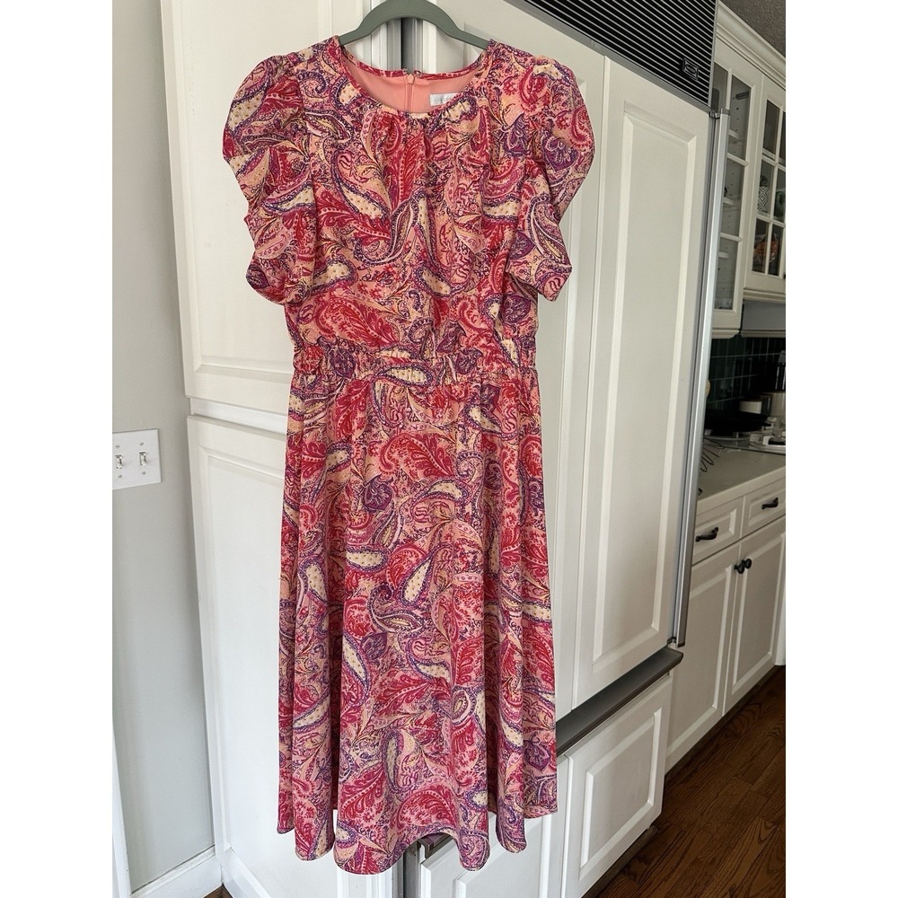 London Times Women's Size 6 Coral Pink Dress Ruched Sleeve Midi Elastic Waist